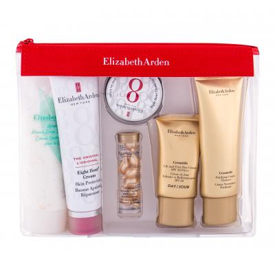 Elizabeth Arden Eight Hour Cream Skin Protectant Travel Essentials Kit Подаръчен комплект балсам за тяло 50 ml + серум за лице 3,2 ml + балсам за устни 13 ml + дневен крем 15 ml + почистващ крем 50 ml + крем за тяло 100 ml + козметична чантичка