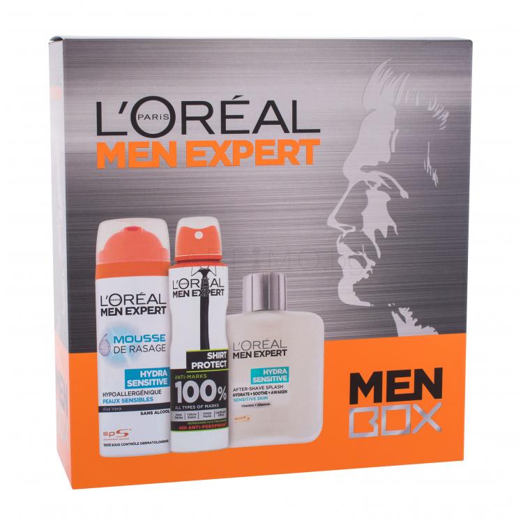 L&#039;Oréal Paris Men Expert Hydra Sensitive Подаръчен комплект афтършейв Expert Hydra Sensitive 100 ml + пяна за бръснене Men Expert Hydra Sensitive 200 ml + антиперспирант Men Expert Shirt Protect 150 ml