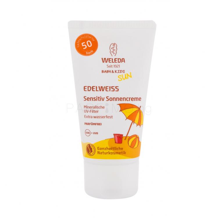 Weleda Baby &amp; Kids Sun Edelweiss Sunscreen Sensitive SPF50 Слънцезащитна козметика за тяло за деца 50 ml