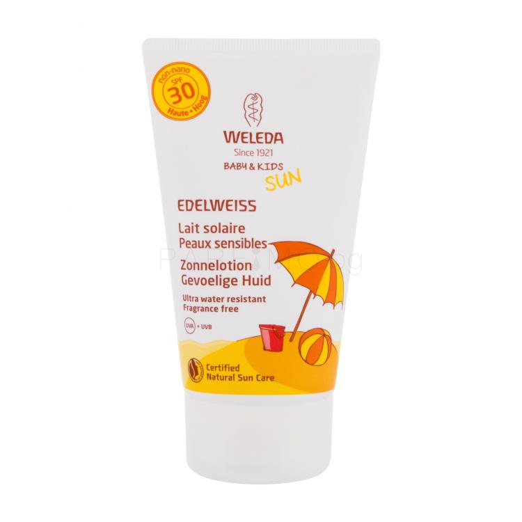 Weleda Baby &amp; Kids Sun Edelweiss Sunscreen Sensitive SPF30 Слънцезащитна козметика за тяло за деца 150 ml увредена кутия