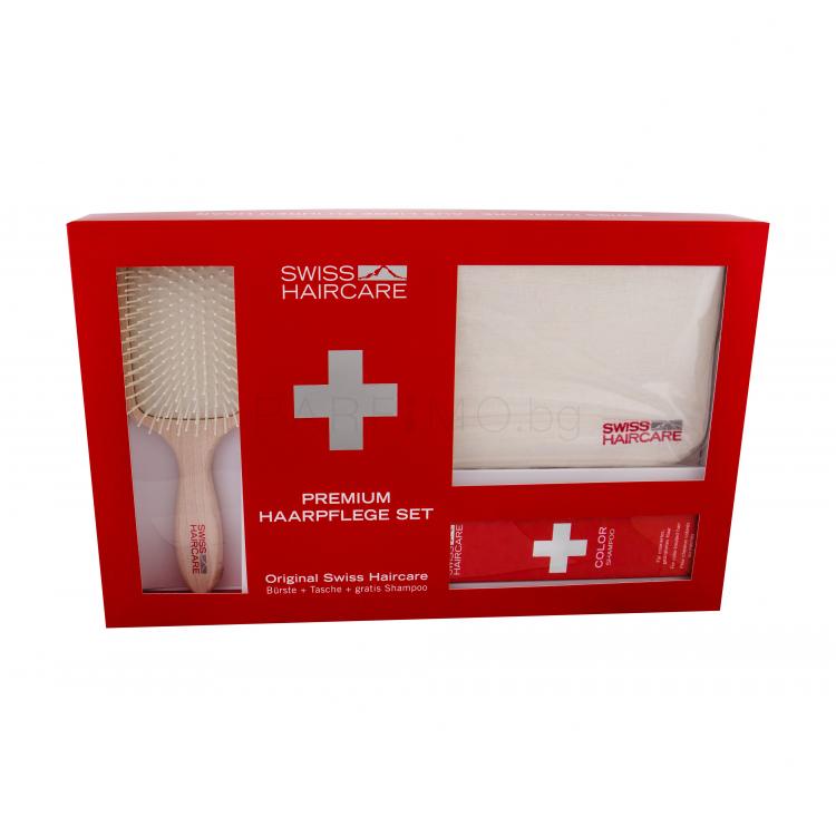 Swiss Haircare Premium Подаръчен комплект плоска четка за коса Paddle Brush 1 бр. + шампоан за боядисана коса 200 ml + чантичка
