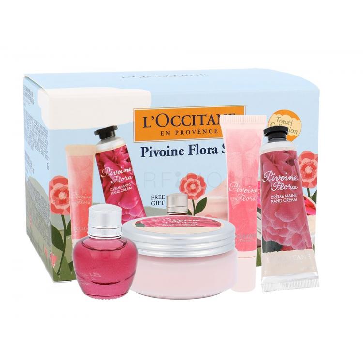 L&#039;Occitane Pivoine Flora Подаръчен комплект крем за ръце 30 ml + крем за тяло 100 ml + блясък за устни 10 ml + EDP 5 ml