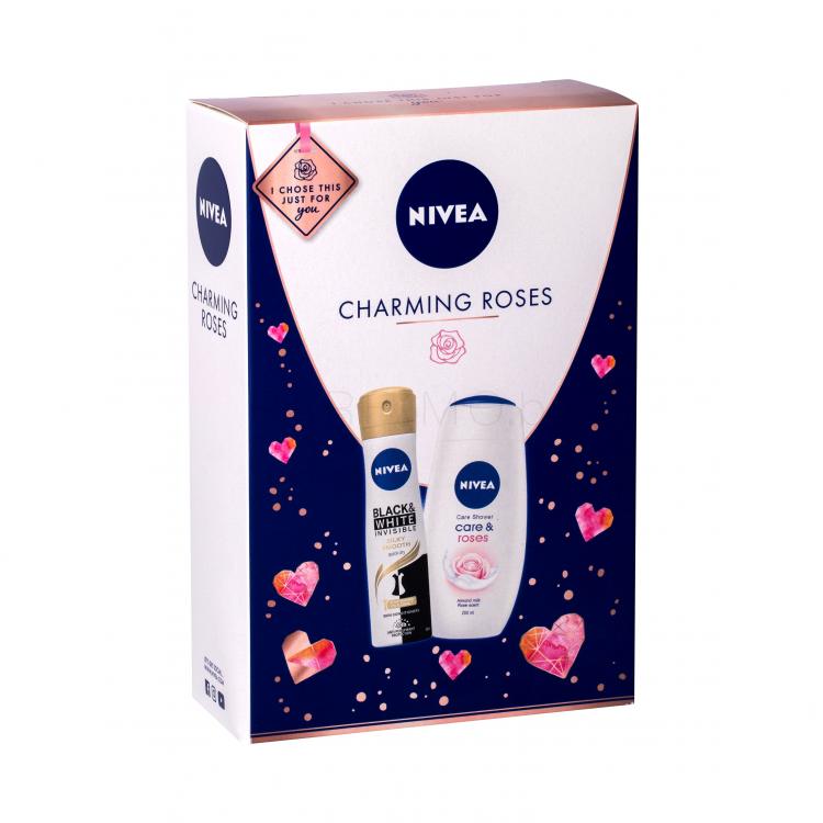 Nivea Care &amp; Roses Подаръчен комплект душ крем 250 ml + антиперспирант Black &amp; White Invisible Silky Smooth 150 ml