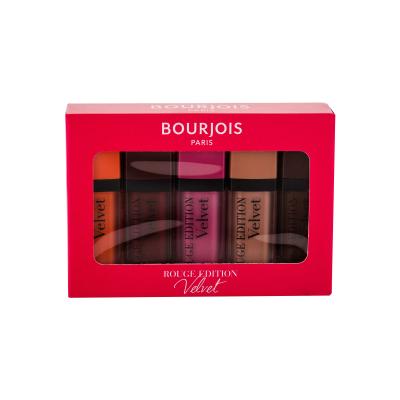 BOURJOIS Paris Rouge Edition Velvet Подаръчен комплект червило 7,7 ml + червило 7,7 ml 24 Dark Chérie + червило 7,7 ml 35 Babe Idole + червило 7,7 ml 31 Floribeige! + червило 7,7 ml 23 Chocolat Corset увредена кутия