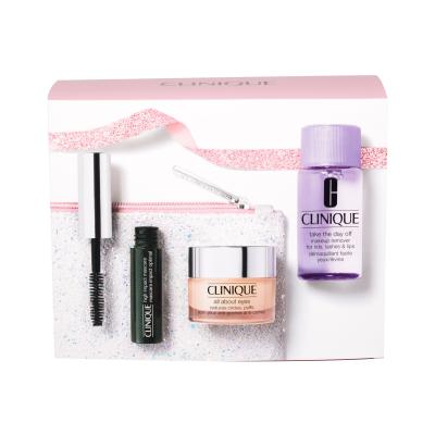 Clinique High Impact Подаръчен комплект спирала High Impact 3,5 ml + околоочен крем All About Eyes 15 ml + продукт за почистване на грим High Take The Day Off 30 ml увредена кутия