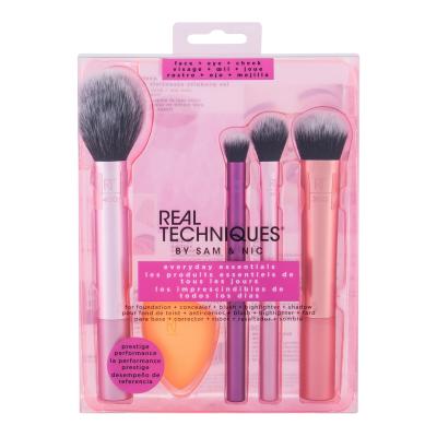 Real Techniques Brushes Everyday Essentials Подаръчен комплект четка за руж 1 бр + четка за сенки 1 бр + четка за озарител 1 бр + четка за фон дьо тен 1 бр + гъбка за фон дьо тен 1 бр увредена кутия