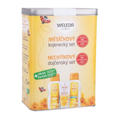 Weleda Baby Calendula Oil Set Подаръчен комплект бебешко олио 200 ml + бебешки крем за рани 75 ml + козметика за вана 200 ml + бамбукова хавлиена кърпа + метална кутийка увредена кутия