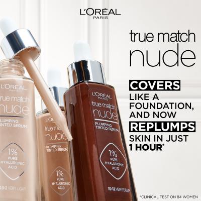 L&#039;Oréal Paris True Match Nude Plumping Tinted Serum Фон дьо тен за жени 30 ml Нюанс 0,5-2 Very Light
