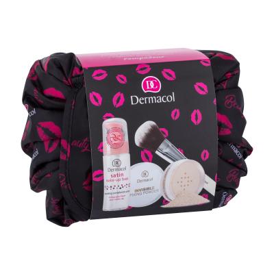 Dermacol Satin Подаръчен комплект основа за грим 30 ml + прозрачна фиксираща пудра Invisible 13 g Light + козметична четка Master 1 бр + козметична чантичка с шнур увредена опаковка