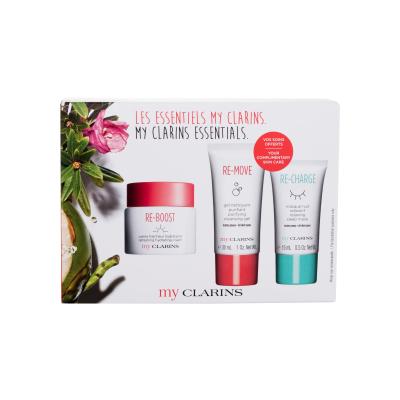 Clarins My Clarins Essentials Подаръчен комплект хидратиращ крем за лице My Clarins Re-Boost Refreshing Hydrating Cream 50 ml + почистващ гел за лице My Clarins Re-Move Purifying Cleansing Gel 30 ml + нощна маска за лице My Clarins Re-Charge Relaxing Sleep Mask 15 ml