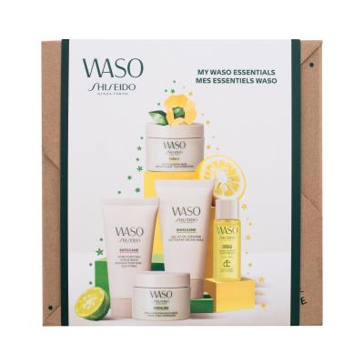 Shiseido Waso My Waso Essentials Подаръчен комплект почистващ гел Shikulime Gel-To-Oil Cleanser 30 ml + хидратиращ крем Shikulime Mega Hydrating Moisturizer 15 ml + маска за пилинг Satocane Pore Purifyting Scrub Mask 30 ml + нощна маска за лице Yuzu-C Beauty Sleeping Mask 15 ml + озаряващ серум за л