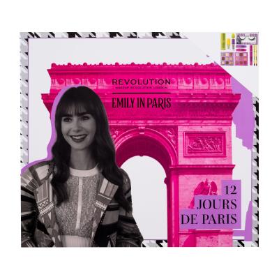 Makeup Revolution London Emily In Paris 12 Jours De Paris Advent Calendar Подаръчен комплект сенки за очи 3 бр. + спирала за очи 1 бр. + гъбичка за грим 1 бр. + фиксиращ спрей 1 бр. + червило 2 бр. + основа за грим 1 бр. + изкуствени мигли 1 чифт + молив за устни 2 бр. увредена кутия