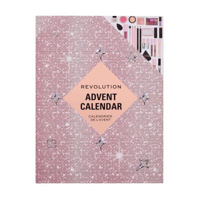 Makeup Revolution London Advent Calendar 2024 Подаръчен комплект червило 4 бр + гланц за устни 3 бр + молив за устни 2 бр + маска за устни 1 бр + олио за устни 1 бр + четка за очи 1 бр + мини палитра Reloaded 1 бр + течни сенки 1 бр + руж 2 бр + молив за очи 2 бр + гел за вежди 1 бр + хайлайтър 2 бр