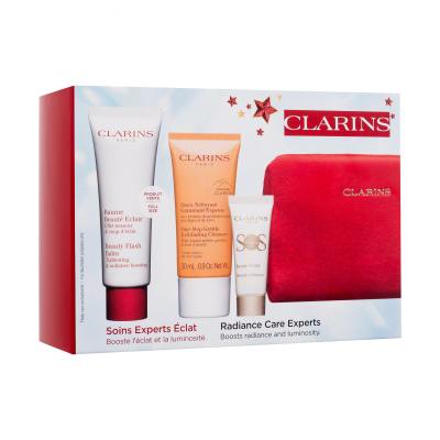 Clarins Beauty Flash Balm Подаръчен комплект балсам за лице Beauty Flash Balm 50 ml + пилинг за лице One-Step Gentle Exfoliating Cleanser 30 ml + основа под грим SOS Primer Boost Radiance 10 ml + червена козметична чантичка