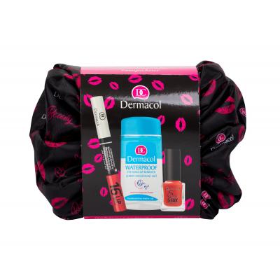 Dermacol 16H Lip Colour Подаръчен комплект дълготраен оцветяващ блясък за устни 3 ml + премахване на грим от очи 120 ml + лак за нокти 5 Day Stay 21 12 ml + козметична чантичка 1 бр