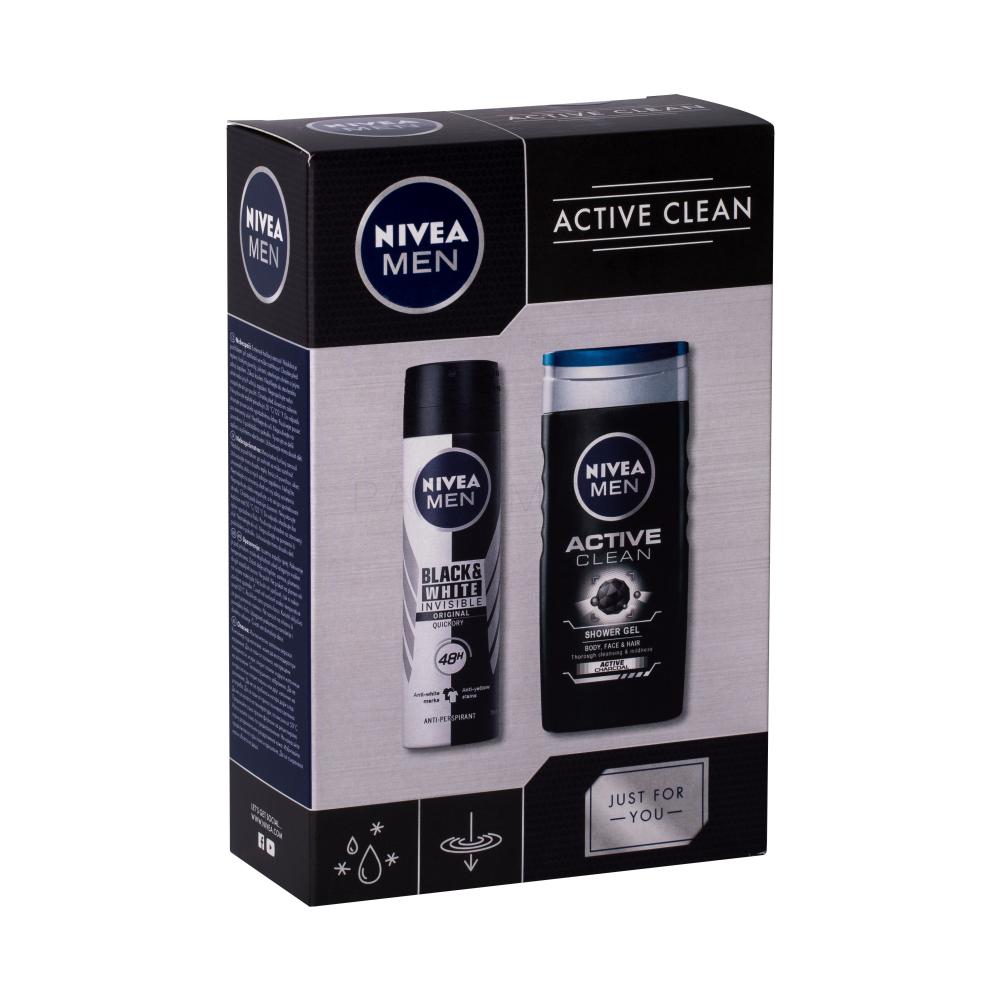 Nivea Men Active Clean Подаръчен комплект душ гел 250 ml + спрей антиперспирант Black & White Invisible 150 ml увредена кутия