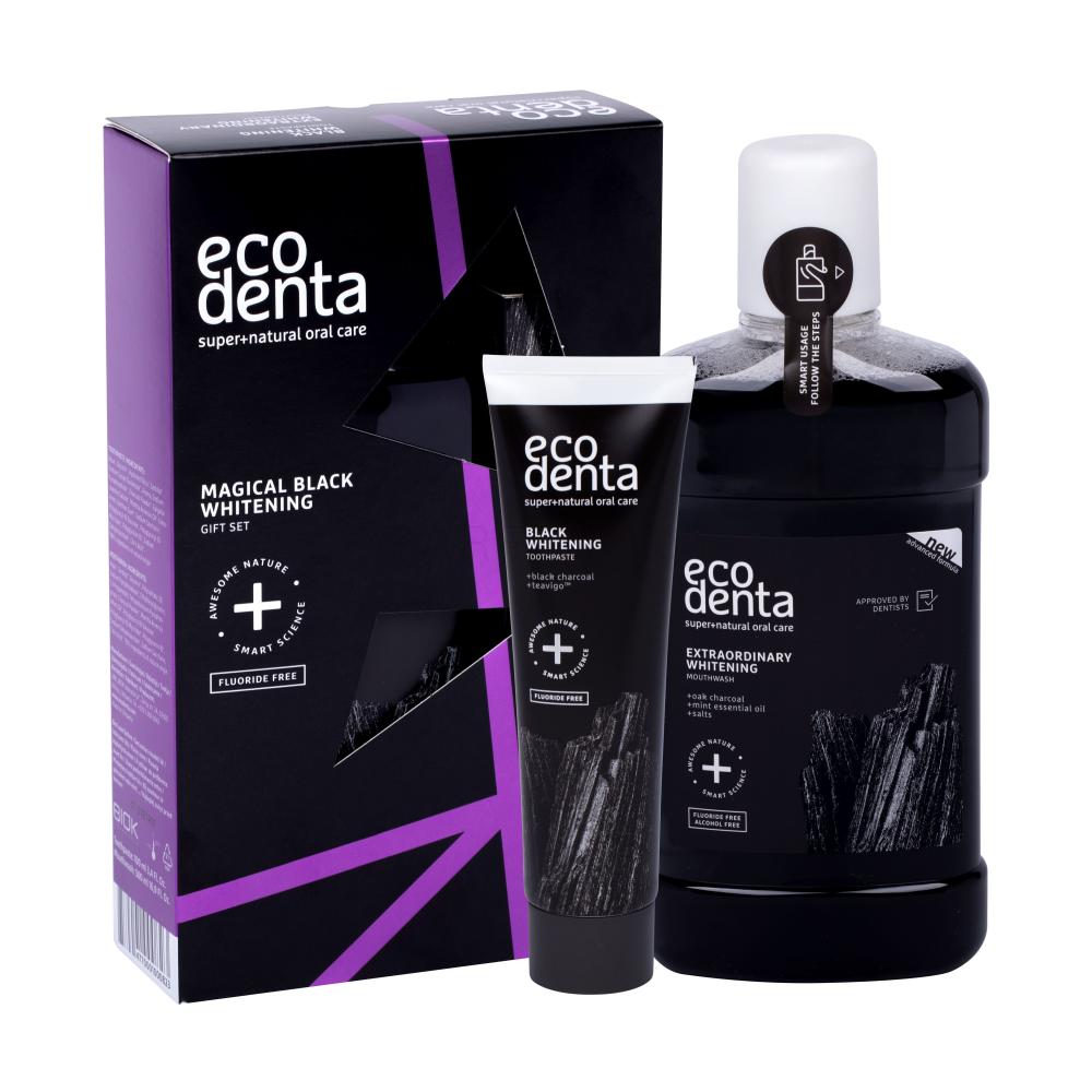 Ecodenta Toothpaste Black Whitening Подаръчен комплект избелваща паста за зъби Black Whitening 100 ml + вода за уста Extraordinary Whitening 500 ml увредена кутия