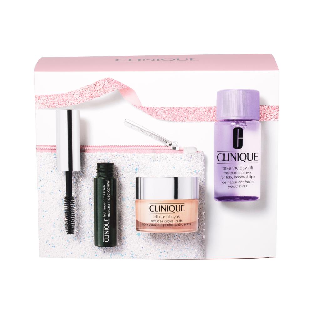 Clinique High Impact Подаръчен комплект спирала High Impact 3,5 ml + околоочен крем All About Eyes 15 ml + продукт за почистване на грим High Take The Day Off 30 ml увредена кутия