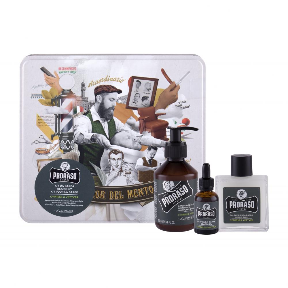 PRORASO Cypress & Vetyver Beard Wash Подаръчен комплект шампоан за брада 200 ml + балсам за брада 100 ml + олио за брада 30 ml + метална кутия