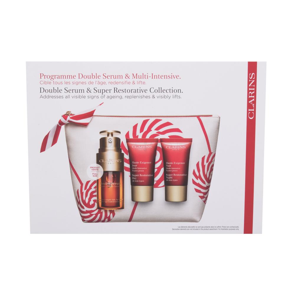 Clarins Double Serum & Super Restorative Collection Подаръчен комплект серум за лице Double Serum 30 ml + дневен крем за лице Super Restorative Day 15 ml + нощен крем за лице Super Restorative Night 15 ml + козметична чантичка