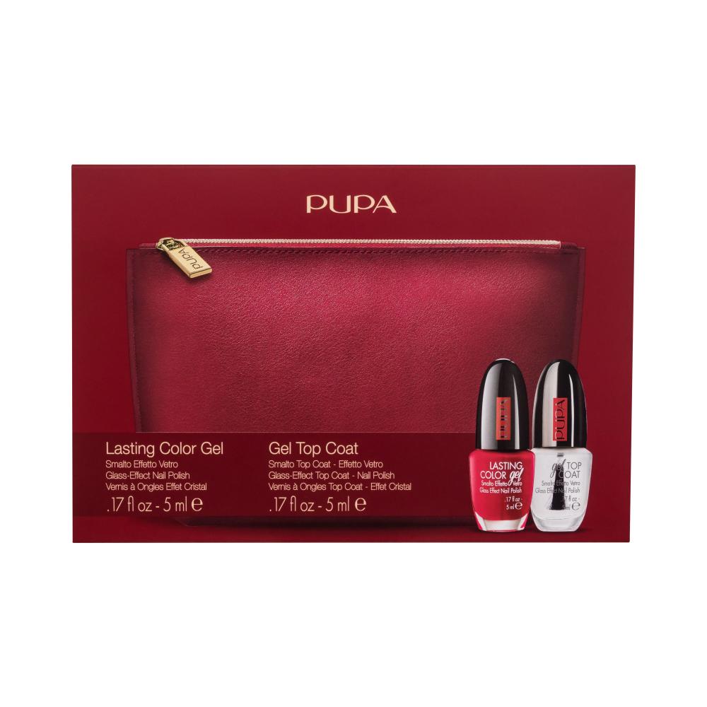 Pupa Lasting Color Gel Подаръчен комплект лак за нокти Lasting Color Gel 5 ml 041 Explosive Ruby + топ лак за нокти Gel Top Coat 5 ml + козметична чанта