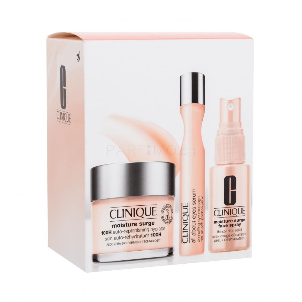 Clinique Moisture Surge All About Moisture Подаръчен комплект дневен крем за лице Moisture Surge 100H Auto-Replenishing Hydrator 75 ml + хидратиращ спрей Moisture Surge Face Spray 30 ml + околоочен серум All About Eyes Serum 15 ml