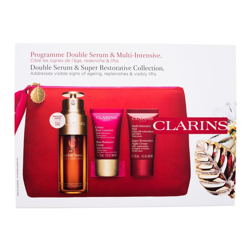 Clarins Double Serum & Super Restorative Collection Подаръчен комплект серум за лице Double Serum 50 ml + дневен крем за лице Rose Radiance Cream Super Restorative 15 ml + нощен крем за лице Super Restorative Night Cream 15 ml + козметична чантичка