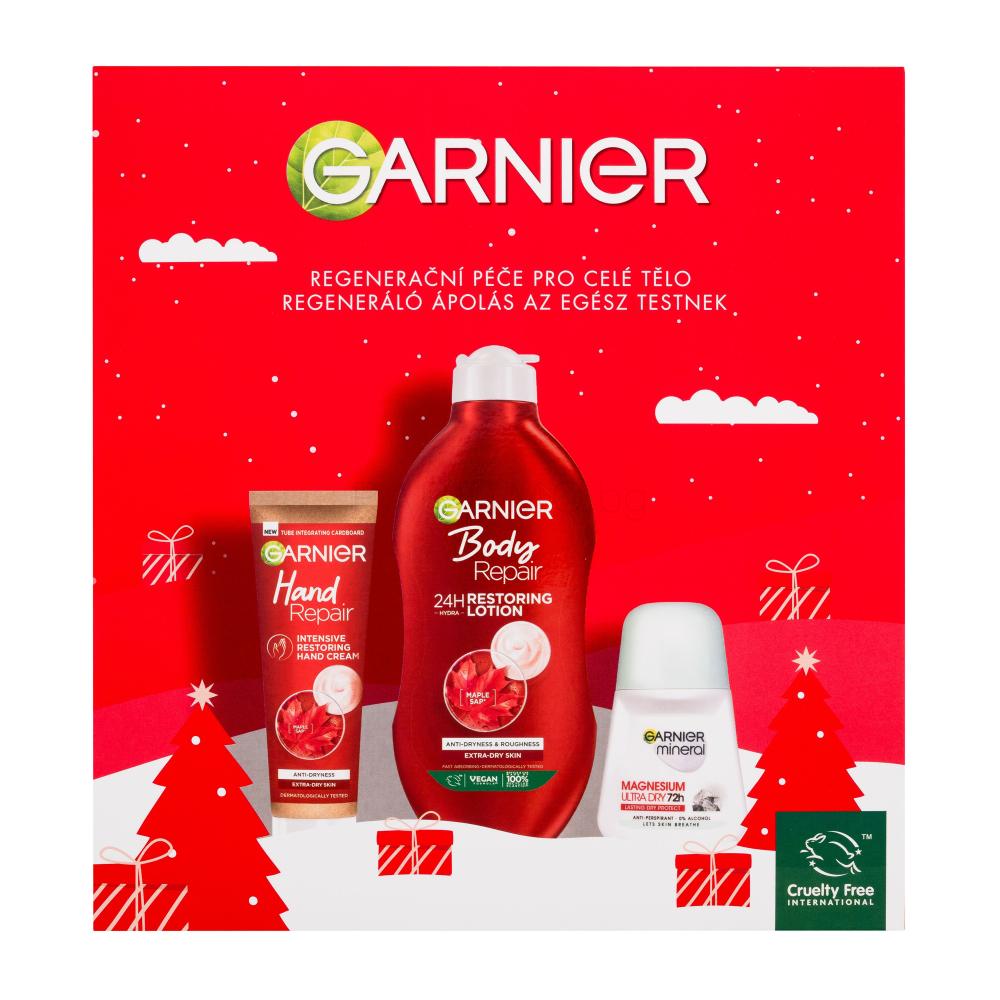 Garnier Body Repair Restoring Lotion Подаръчен комплект лосион за тяло Body Repair Restoring Lotion 400 ml + крем за ръце Hand Repair Intensive Restoring Hand Cream 100 ml + антиперспирант Mineral Magnesium Ultra Dry Antiperspirant Roll-On 50 ml