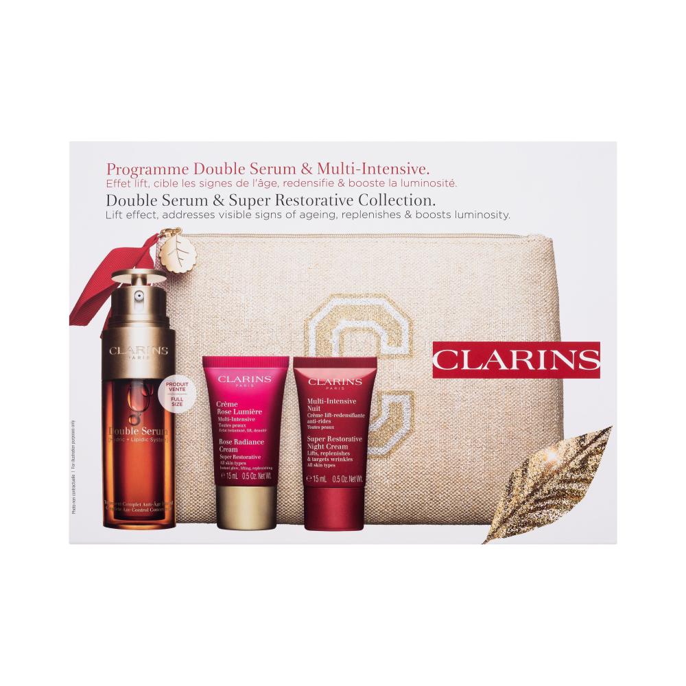 Clarins Double Serum & Super Restorative Collection Подаръчен комплект серум за лице Double Serum Complete Age Control Concentrate 50 ml + крем за лице Rose Radiance Cream 15 ml + нощен крем за лице Super Restorative Night Cream 15 ml + екологична козметична чантичка