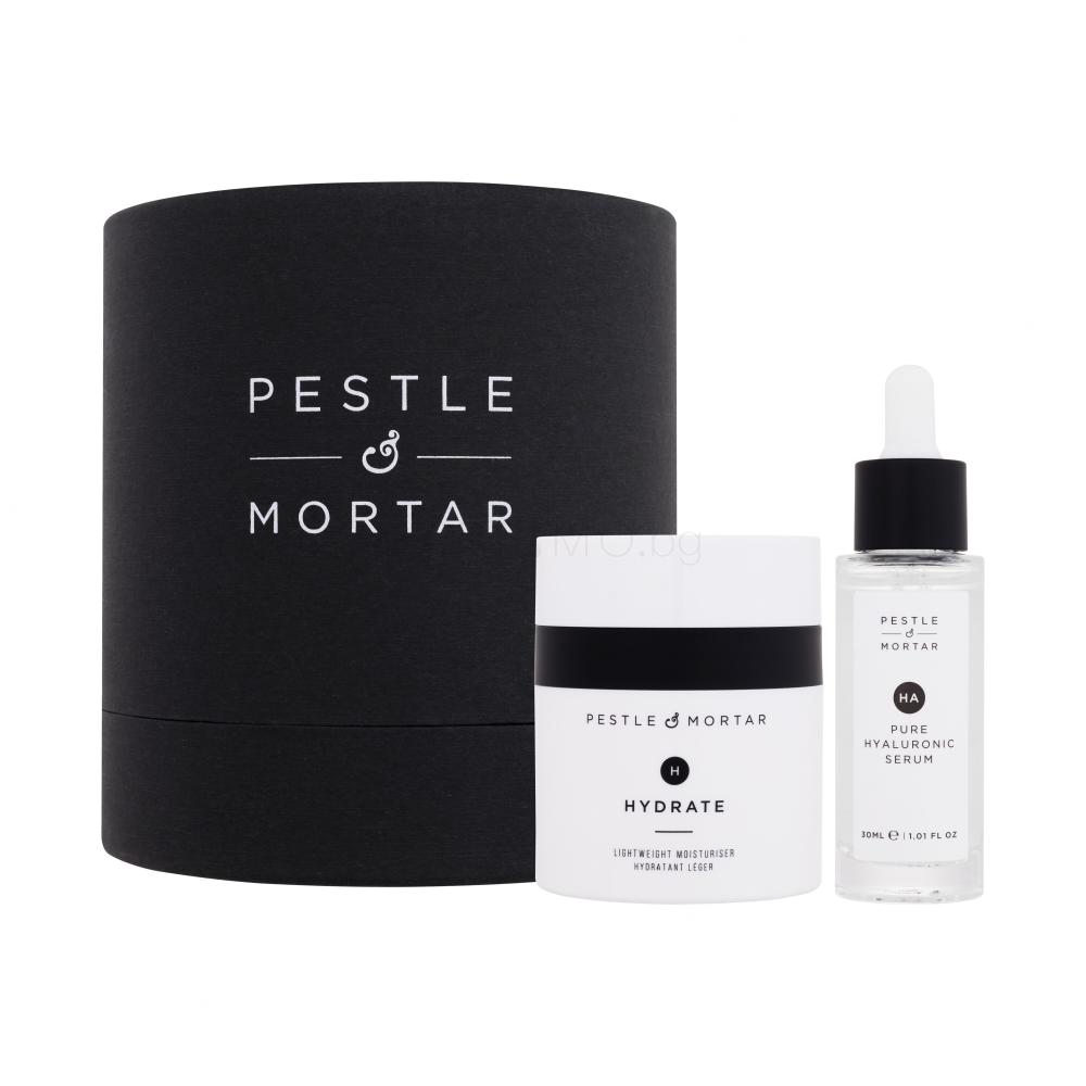 Pestle & Mortar Hydrating Duo Подаръчен комплект хидратиращ крем за лице Hydrate Lightweight Moisturiser 50 ml + хиалуронов серум за лице Pure Hyaluronic Serum 30 ml увредена кутия