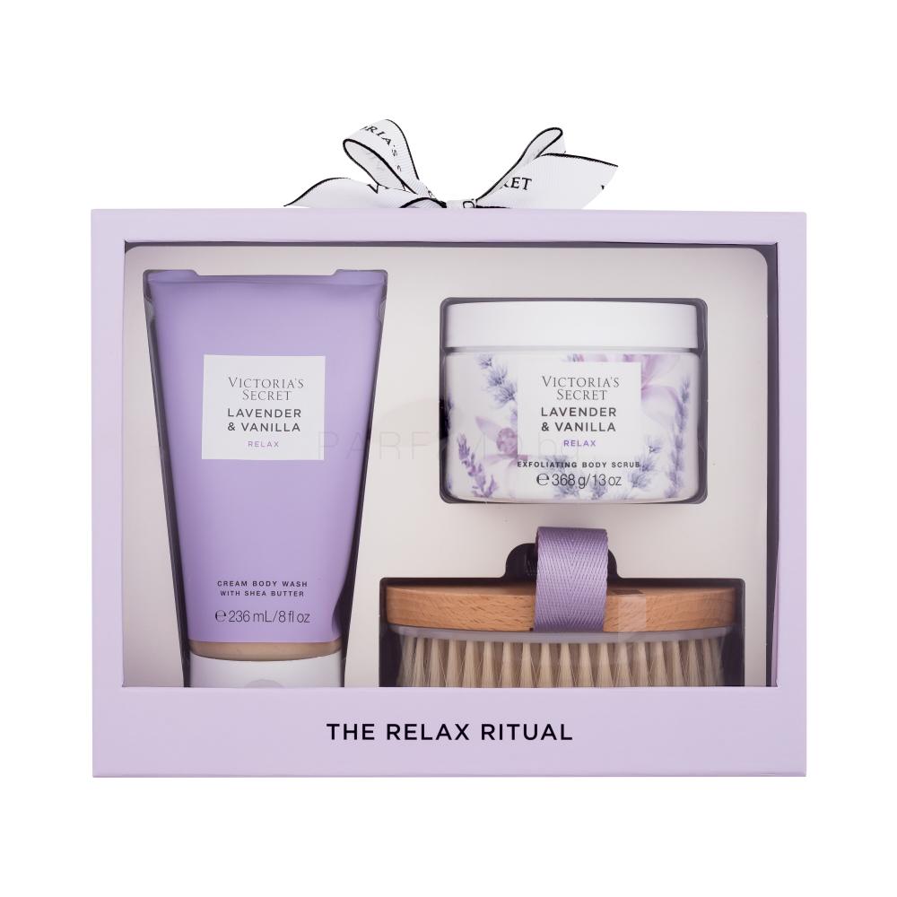 Victoria´s Secret Levender & Vanilla Relax Подаръчен комплект душ крем 236 ml + скраб за тяло 368 g + четка за тяло увредена кутия