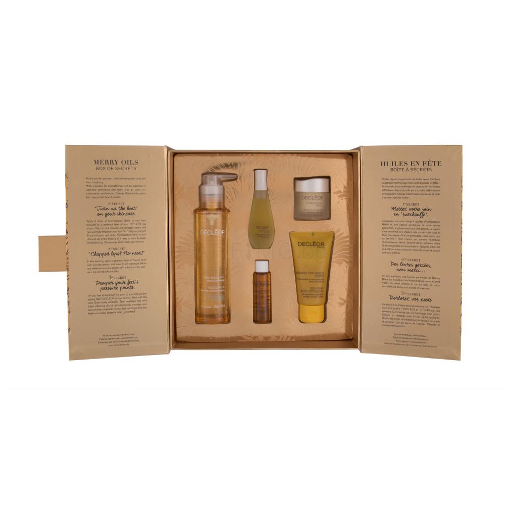 Decleor Aromessence Néroli Подаръчен комплект нощен хидратиращ балсам 15 ml + мицеларно почистващо олио 150 ml + сухо олио Aroma Nutrition 15 ml + маслен серум 15 ml + пилинг за тяло 50 ml