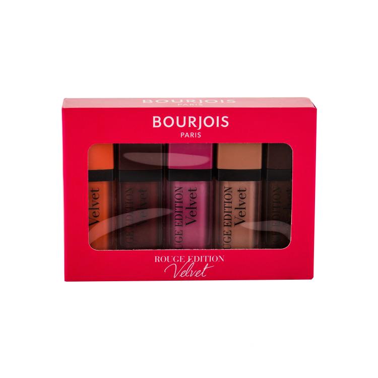 BOURJOIS Paris Rouge Edition Velvet Подаръчен комплект червило 7,7 ml + червило 7,7 ml 24 Dark Chérie + червило 7,7 ml 35 Babe Idole + червило 7,7 ml 31 Floribeige! + червило 7,7 ml 23 Chocolat Corset увредена кутия