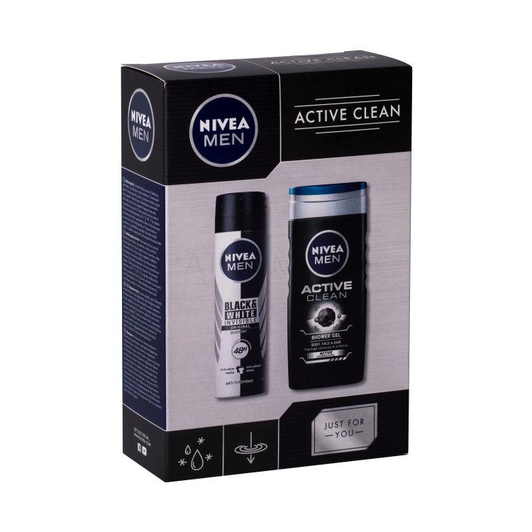 Nivea Men Active Clean Подаръчен комплект душ гел 250 ml + спрей антиперспирант Black &amp; White Invisible 150 ml увредена кутия