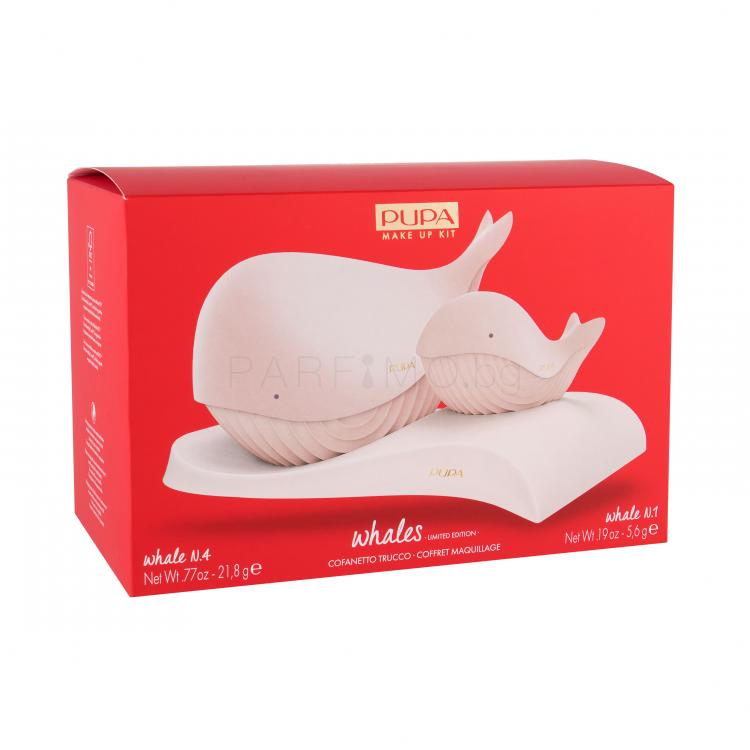 Pupa Whales Подаръчен комплект палитра за грим Pupa Whale 4 21,8 гр + палитра за грим Pupa Whale 1 5,6 гр + поставка 1 бр