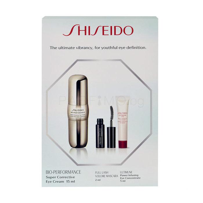 Shiseido Bio-Performance Eye2Eye Подаръчен комплект околоочен крем BIO-PERFORMANCE Super Corrective 15 ml + спирала Full Lash Volume 2 ml + грижа за очите Ultimune Power Infusing Eye Concentrate 5 ml увредена кутия