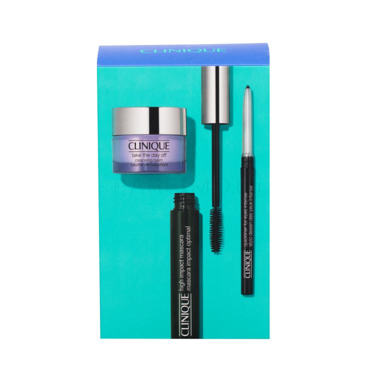 Clinique High Impact Подаръчен комплект спирала 7 ml + балсам за премахване на грим Take The Day Off 15 ml + молив за очи Quickline 0,14 g Intense Ebony увредена кутия
