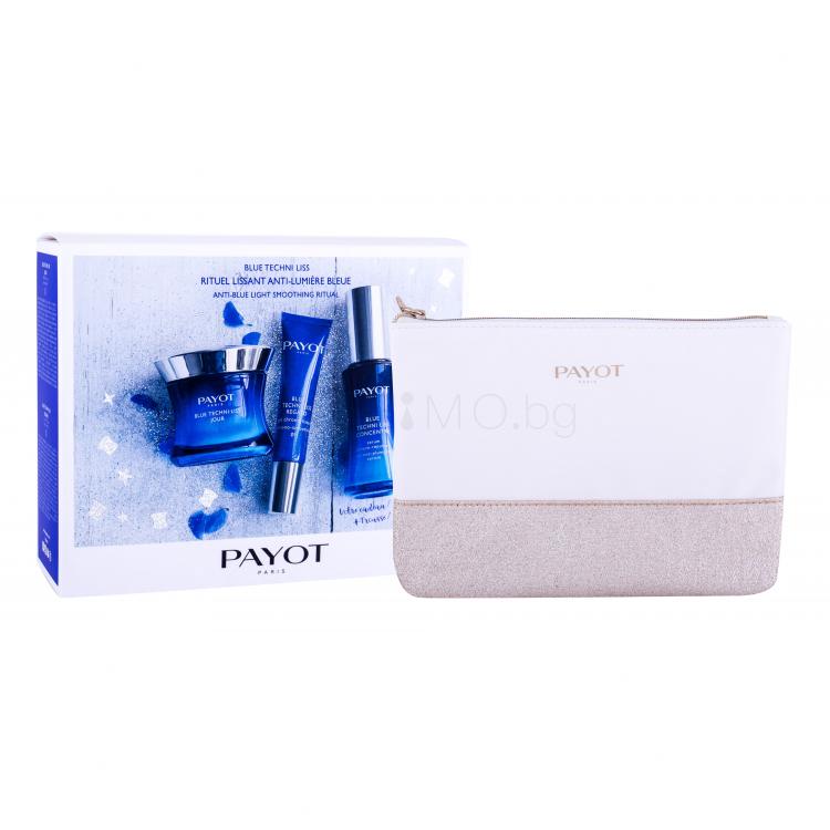 PAYOT Blue Techni Liss Concentré Подаръчен комплект серум за лице 30 ml + дневна грижа за лице 50 ml + околоочен гел Blue Techni Liss Regard 15 ml + козметична чантичка