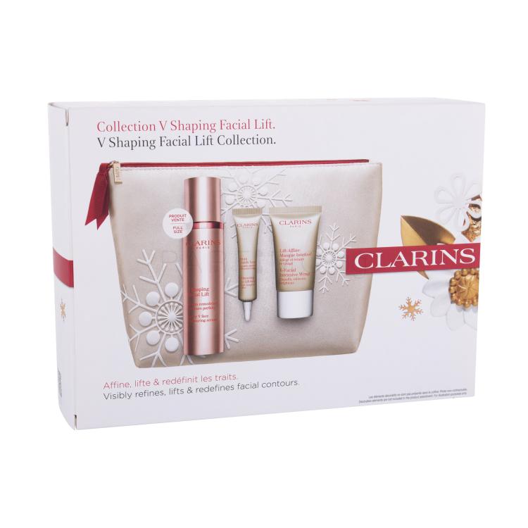 Clarins V Shaping Facial Lift Подаръчен комплект серум за лице 50 ml + околоочен серум Enhancing Eye Lift 7 ml + маска за лице V-Facial Intensive Wrap 15 ml + козметична чантичка увредена кутия