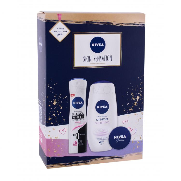 Nivea Skin Sensation Подаръчен комплект душ гел Creme Sensitive 250 ml + антиперспирант Black &amp; White Invisible Clear 150 ml + универсален крем Creme 30 ml