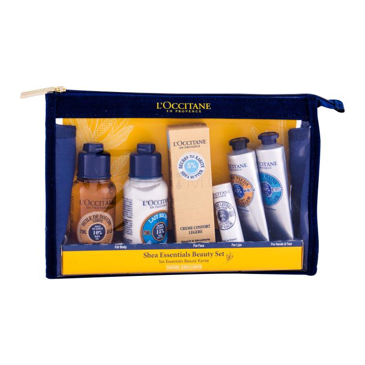 L&#039;Occitane Shea Butter Essentials Beauty Set Подаръчен комплект душ олио 75 ml + лосион за тяло 75 ml + лек крем 30 мл + балсам за устни 12 ml + крем за ръце 30 ml + грижа за краката 30 ml + козметична торбичка увредена опаковка