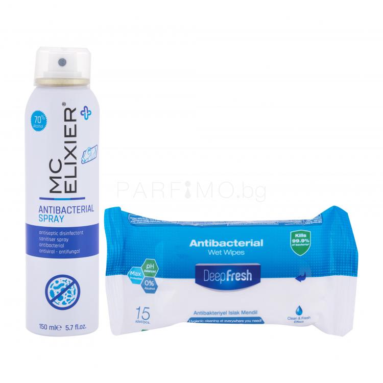 MC Elixier Antibacterial Spray Подаръчен комплект антибактериален спрей Antibacterial Spray 150 ml + антибактериални кърпички Deep Fresh 15 бр