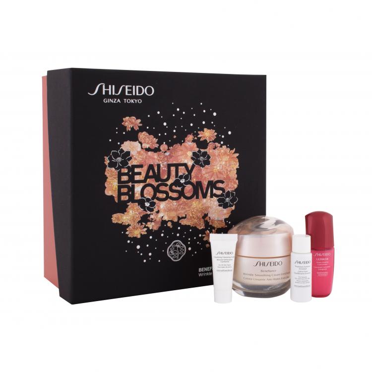 Shiseido Benefiance Beauty Blossoms Подаръчен комплект дневен крем за лице Benefiance Wrinkle Smoothing Cream Enriched 50 ml + почистваща пяна Clarifying Cleansing Foam 5 ml + вода за лице Treatment Softener Enriched 7 ml + серум за лице Ultimune Power Infusing Concentrate 10 ml