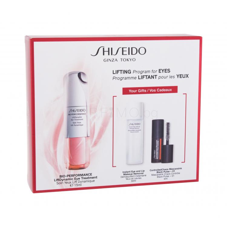 Shiseido Bio-Performance LiftDynamic Eye Treatment Подаръчен комплект околоочен крем Bio-Performance LiftDynamic Eye Treatment 15 ml + продукт за премахване на грим Instant Eye and Lip Makeup Remover 30 ml + спирала ControlledCHaos MascaraInk 4 ml 01 Black Pulse