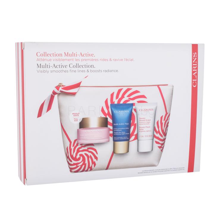 Clarins Multi-Active Collection Подаръчен комплект дневен крем за лице Multi-Active Day 50 ml + нощен крем за лице Multi-Active Night 15 ml + балсам за лице Beauty Flash Balm 15 ml + козметична чантичка увредена кутия