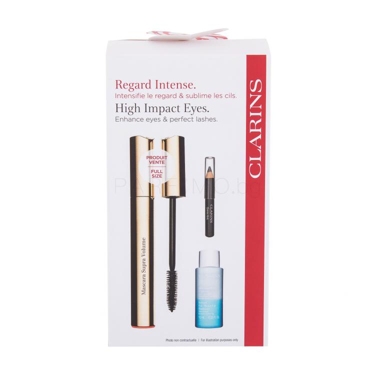 Clarins Mascara Supra Volume Подаръчен комплект спирала Supra Volume 8 ml + продукт за премахване на грим Instant Eye Make-Up Remover 10 ml + молив за очи Crayon Khol 0,39 g 01 Carbon Black увредена кутия