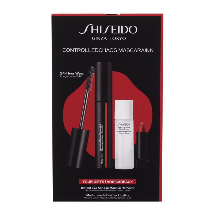 Shiseido ControlledChaos MascaraInk Подаръчен комплект спирала ControlledChaos MascaraInk 11,5 ml + продукт за почистване на грим Instant Eye and Lip Makeup Remover 30 ml + червило ModernMatte Powder Lipstick 2,5 g 515 Mellow Drama