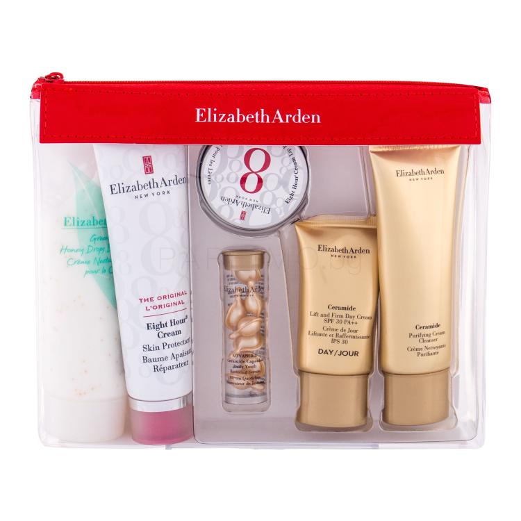 Elizabeth Arden Eight Hour Cream Skin Protectant Travel Essentials Kit Подаръчен комплект балсам за тяло 50 ml + серум за лице 3,2 ml + балсам за устни 13 ml + дневен крем 15 ml + почистващ крем 50 ml + крем за тяло 100 ml + козметична чантичка увредена кутия