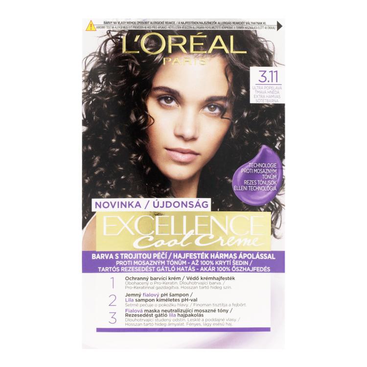 L&#039;Oréal Paris Excellence Cool Creme Боя за коса за жени 48 ml Нюанс 3,11 Ultra Ash Dark Brown
