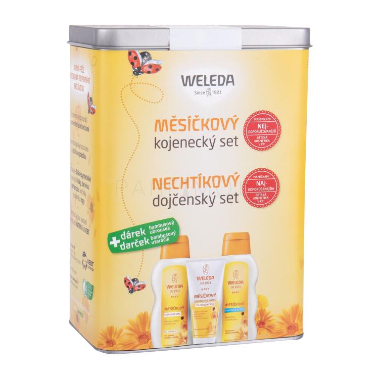Weleda Baby Calendula Oil Set Подаръчен комплект бебешко олио 200 ml + бебешки крем за рани 75 ml + козметика за вана 200 ml + бамбукова хавлиена кърпа + метална кутийка увредена кутия